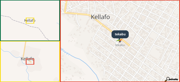 Map showing the address of tekabu in three different zoom levels.