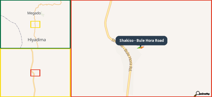 Map showing the address of Shakiso - Bule Hora Road in three different zoom levels.