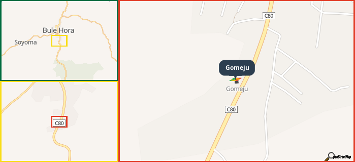 Map showing the address of Gomeju in three different zoom levels.