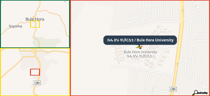 Map showing the address of ቡሌ ሆራ ዩኒቨርሲቲ / Bule Hora University in three different zoom levels.