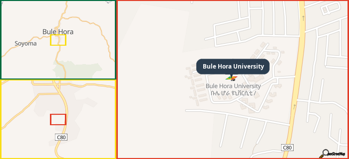 Map showing the address of Bule Hora University in three different zoom levels.