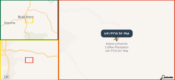 Map showing the address of አዳነ ዮሃንስ ቡና ተክል in three different zoom levels.
