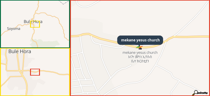 Map showing the address of mekane yesus church in three different zoom levels.