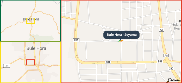 Map showing the address of Bule Hora - Soyama in three different zoom levels.