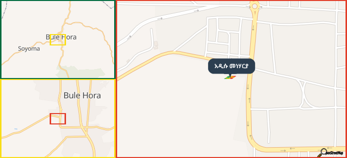 Map showing the address of አዲሱ መነሃርያ in three different zoom levels.