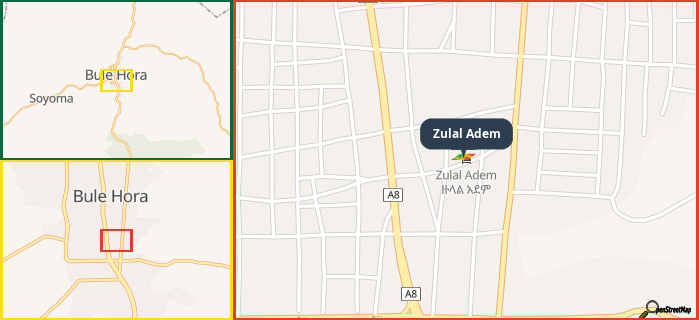 Map showing the address of Zulal Adem in three different zoom levels.