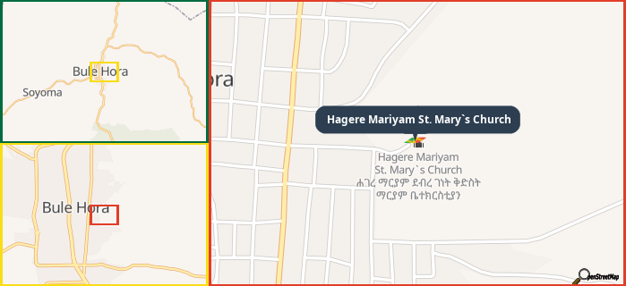 Map showing the address of Hagere Mariyam St. Mary`s Church in three different zoom levels.