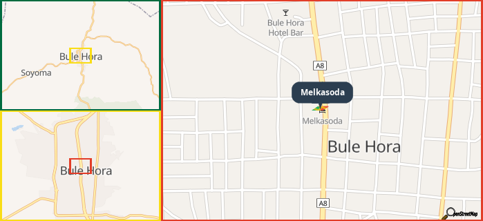 Map showing the address of Melkasoda in three different zoom levels.