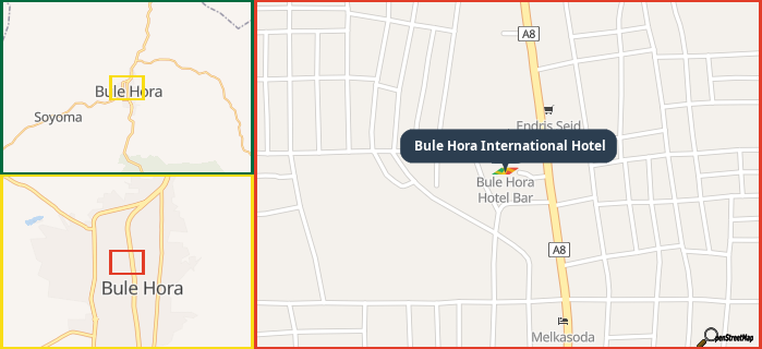 Map showing the address of Bule Hora International Hotel in three different zoom levels.