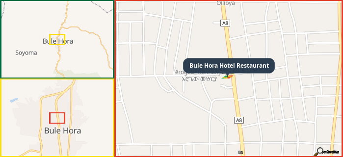 Map showing the address of Bule Hora Hotel Restaurant in three different zoom levels.