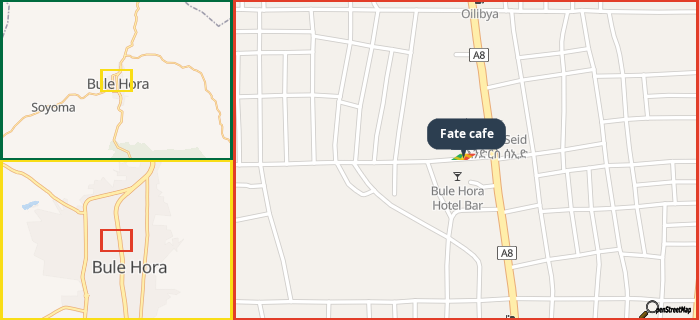 Map showing the address of Fate cafe in three different zoom levels.