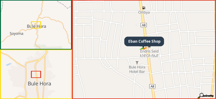 Map showing the address of Eban Coffee Shop in three different zoom levels.