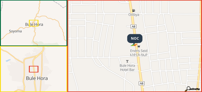 Map showing the address of NOC in three different zoom levels.
