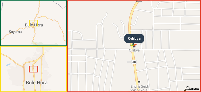 Map showing the address of Oilibya in three different zoom levels.
