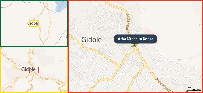 Map showing the address of Arba Minch to Konso in three different zoom levels.