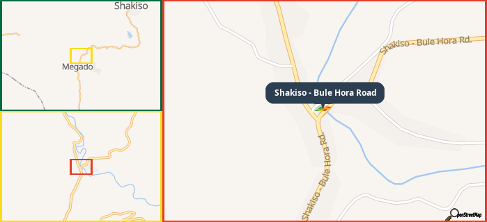 Map showing the address of Shakiso - Bule Hora Road in three different zoom levels.