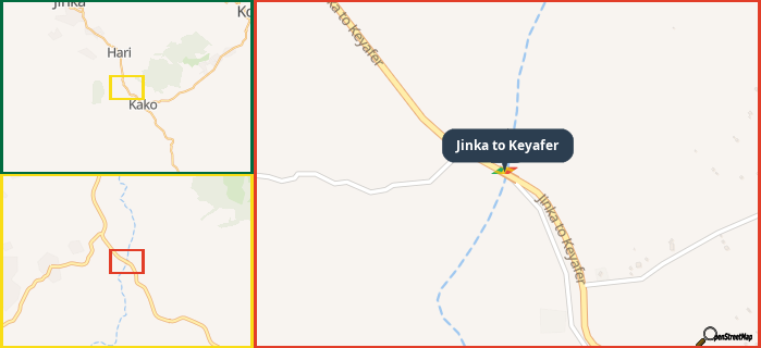 Map showing the address of Jinka to Keyafer in three different zoom levels.