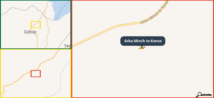 Map showing the address of Arba Minch to Konso in three different zoom levels.