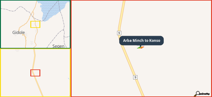 Map showing the address of Arba Minch to Konso in three different zoom levels.