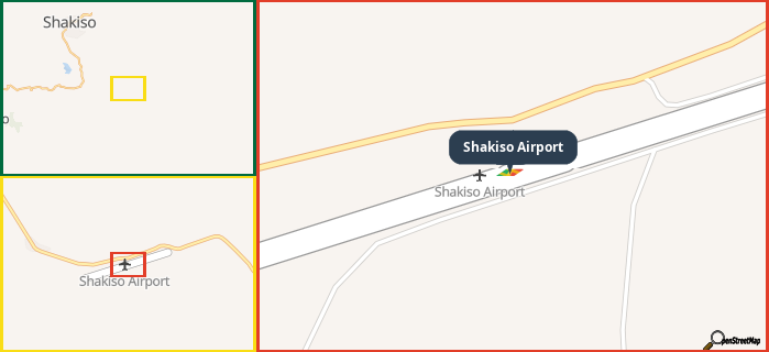 Map showing the address of Shakiso Airport in three different zoom levels.