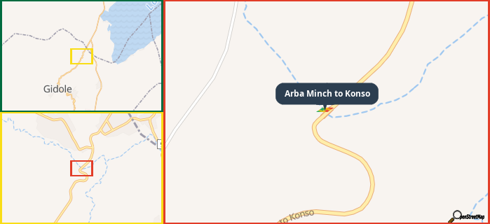 Map showing the address of Arba Minch to Konso in three different zoom levels.