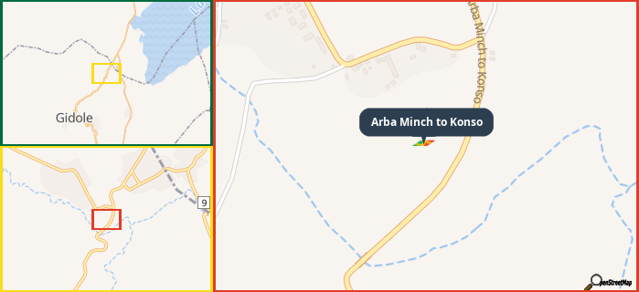 Map showing the address of Arba Minch to Konso in three different zoom levels.