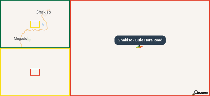 Map showing the address of Shakiso - Bule Hora Road in three different zoom levels.