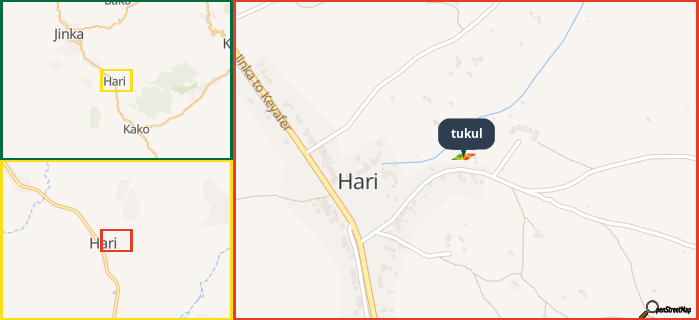 Map showing the address of tukul in three different zoom levels.