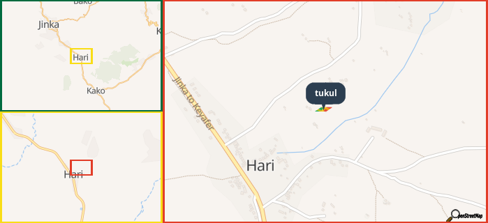 Map showing the address of tukul in three different zoom levels.