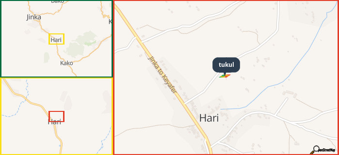 Map showing the address of tukul in three different zoom levels.