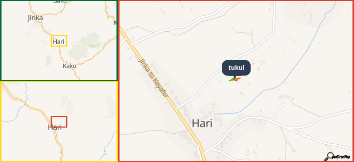 Map showing the address of tukul in three different zoom levels.