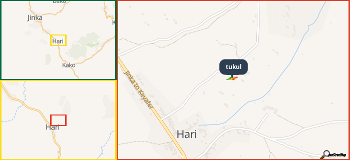 Map showing the address of tukul in three different zoom levels.