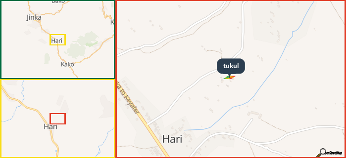 Map showing the address of tukul in three different zoom levels.