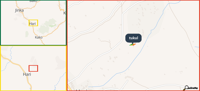 Map showing the address of tukul in three different zoom levels.