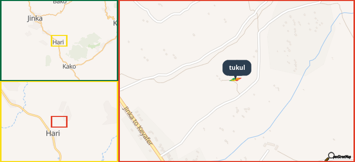 Map showing the address of tukul in three different zoom levels.