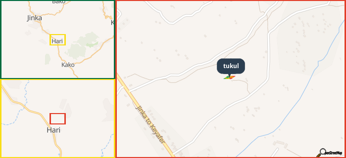 Map showing the address of tukul in three different zoom levels.