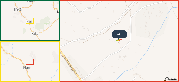 Map showing the address of tukul in three different zoom levels.