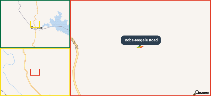 Map showing the address of Robe-Negele Road in three different zoom levels.