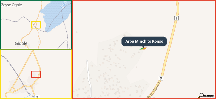 Map showing the address of Arba Minch to Konso in three different zoom levels.