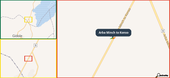 Map showing the address of Arba Minch to Konso in three different zoom levels.