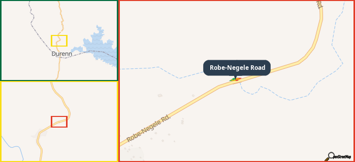 Map showing the address of Robe-Negele Road in three different zoom levels.