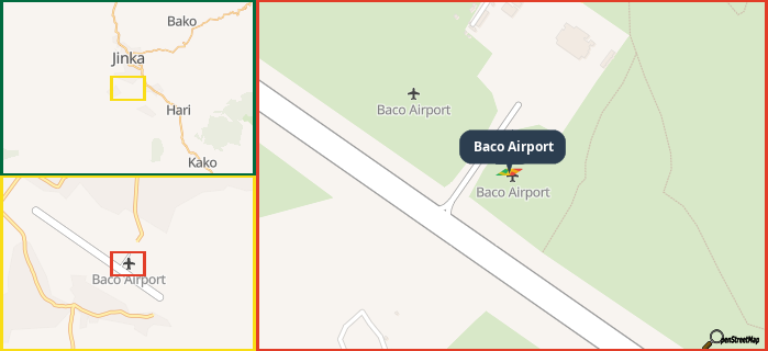 Map showing the address of Baco Airport in three different zoom levels.