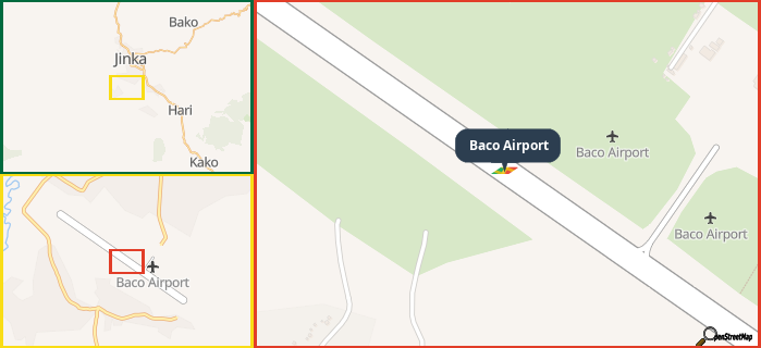Map showing the address of Baco Airport in three different zoom levels.