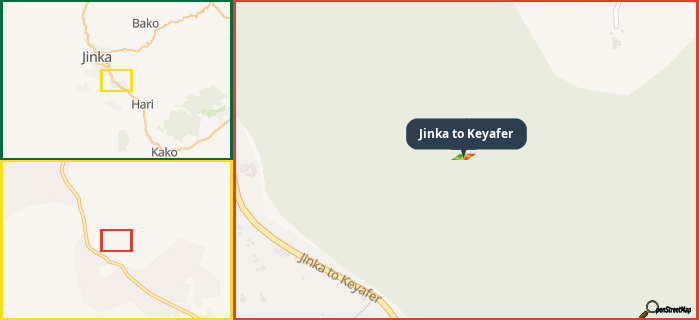 Map showing the address of Jinka to Keyafer in three different zoom levels.