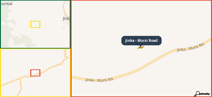 Map showing the address of Jinka - Mursi Road in three different zoom levels.