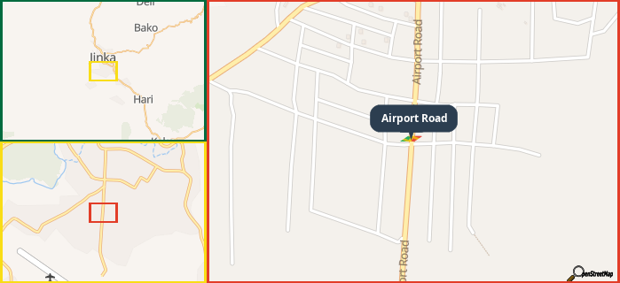 Map showing the address of Airport Road in three different zoom levels.