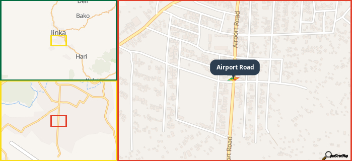 Map showing the address of Airport Road in three different zoom levels.