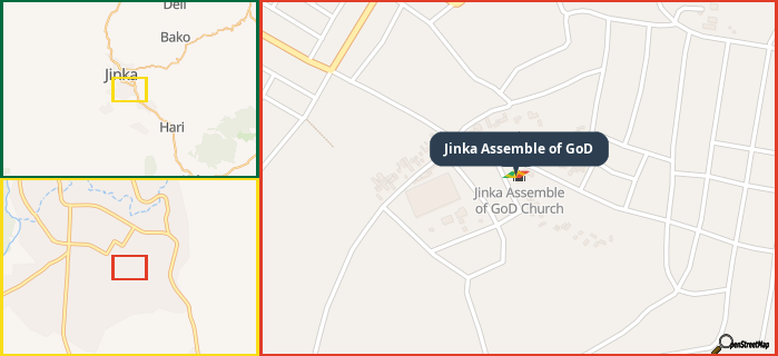 Map showing the address of Jinka Assemble of GoD in three different zoom levels.