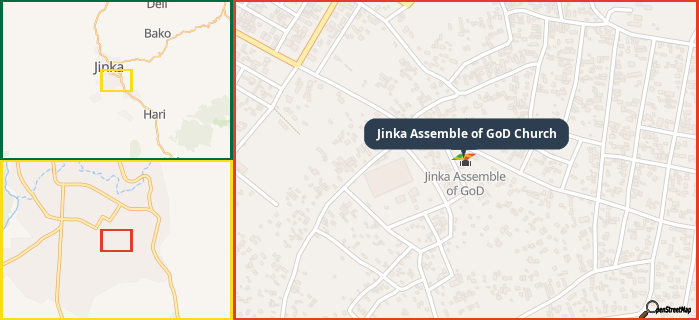 Map showing the address of Jinka Assemble of GoD Church in three different zoom levels.
