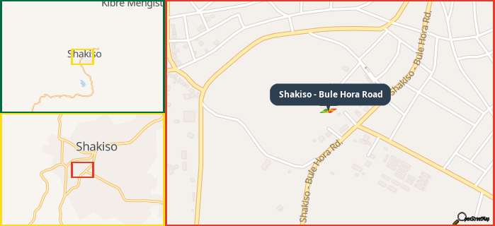 Map showing the address of Shakiso - Bule Hora Road in three different zoom levels.